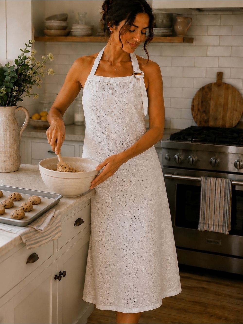 Eyelet Lace Kitchen Apron | White Cottagecore Farmhouse Cooking Apron | One Size
